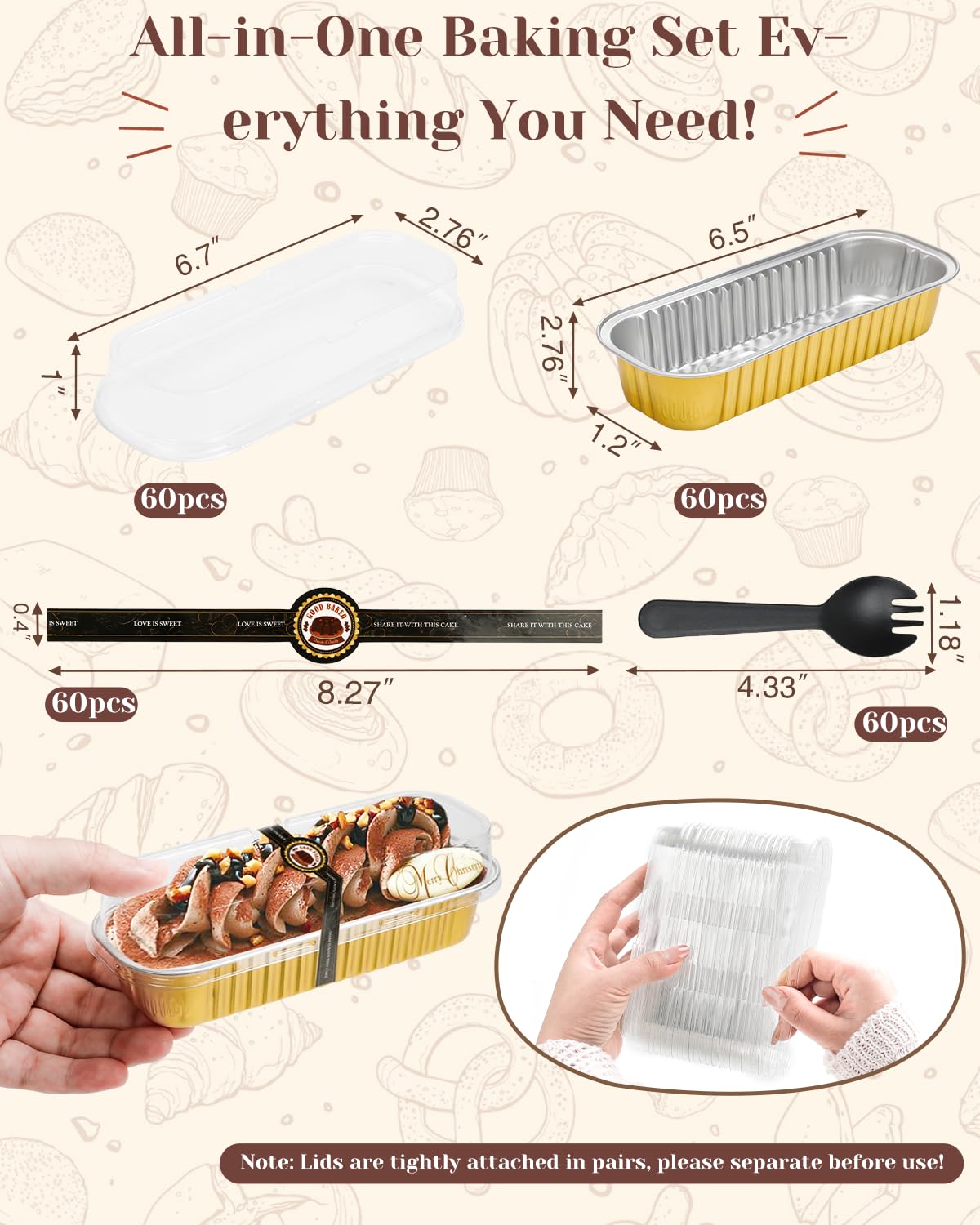 YQER 100 Pack Mini Loaf Pans with Lids, Spoons & Stickers – Disposable Aluminum Foil Baking Cake Containers for Oven, Air Fryer & Freezer – Ideal for Cakes, Bread, Pudding, Parties & Gifting, Gold