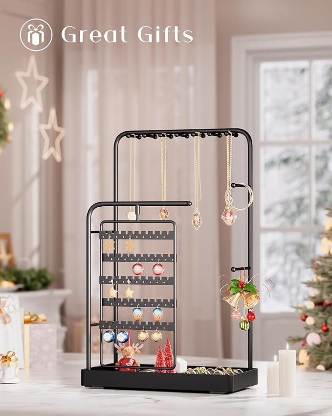 ProCase Jewelry Stand Holder Organizer, Jewelry Display Storage with Ring Tray, No-Assembly, Rotating Earring Bracelet Necklace Holder,Valentine's Gifts Room Dorm Decor for Teen Girls -Black