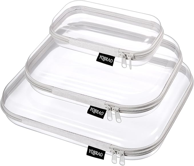 YQBRAO 3-Pack Clear Hard Shell Zipper Case Gray, 1.2mm Heavy-Duty Crush-Proof Travel Makeup Bag, Multi-Size (L+M+S) Diaper Bag Organizer Pouches, Rigid Clear Zipper Pouches for Tech, Toys & Home