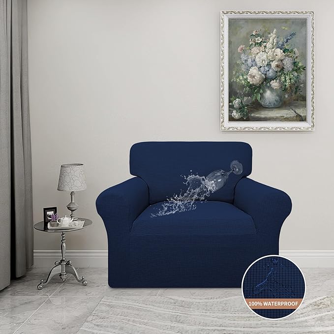 Easy-Going 100% Waterproof Chair Couch Cover, Dual Waterproof Sofa Cover, Stretch Jacquard Sofa Slipcover, Leakproof Furniture Protector for Kids, Pets, Dog and Cat (Chair, Navy)