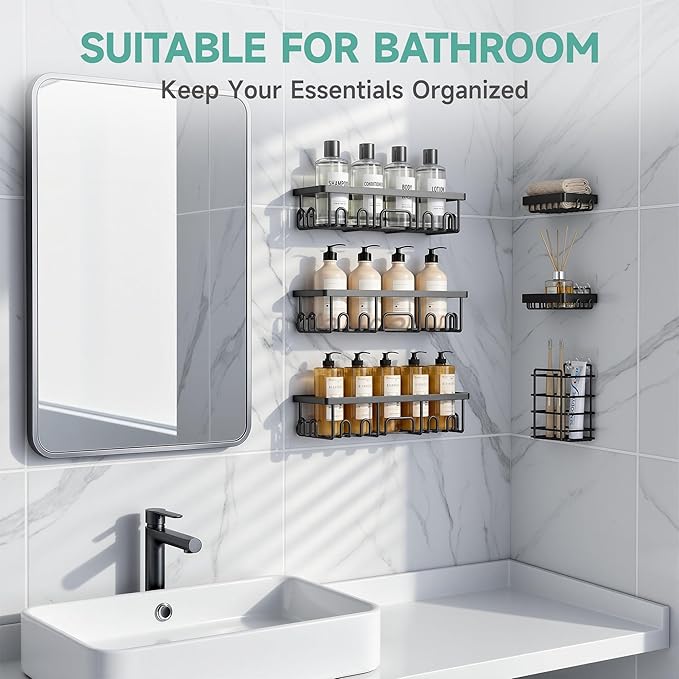 Veken Shower Caddy 6-Pack, Advanced Rustproof Design, No Drilling Adhesive Shelves, Rack with Soap Holder, Large Capacity Bathroom Organizers and Storage, Wall-Mounted Kitchen & Home Decor