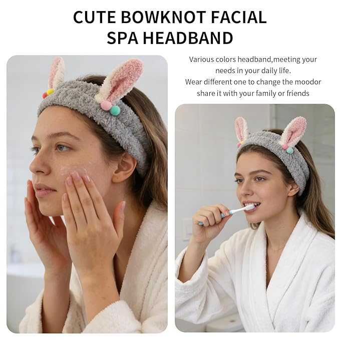PERFECTSIGHT Kawaii Headband for Spa, Makeup, Washing Face, Party - 2 Pack Cute Hair Band for Shower Beauty Skincare, Soft Facial Headbands for Girls and Women (Purple+Gray Rabbit Ear)