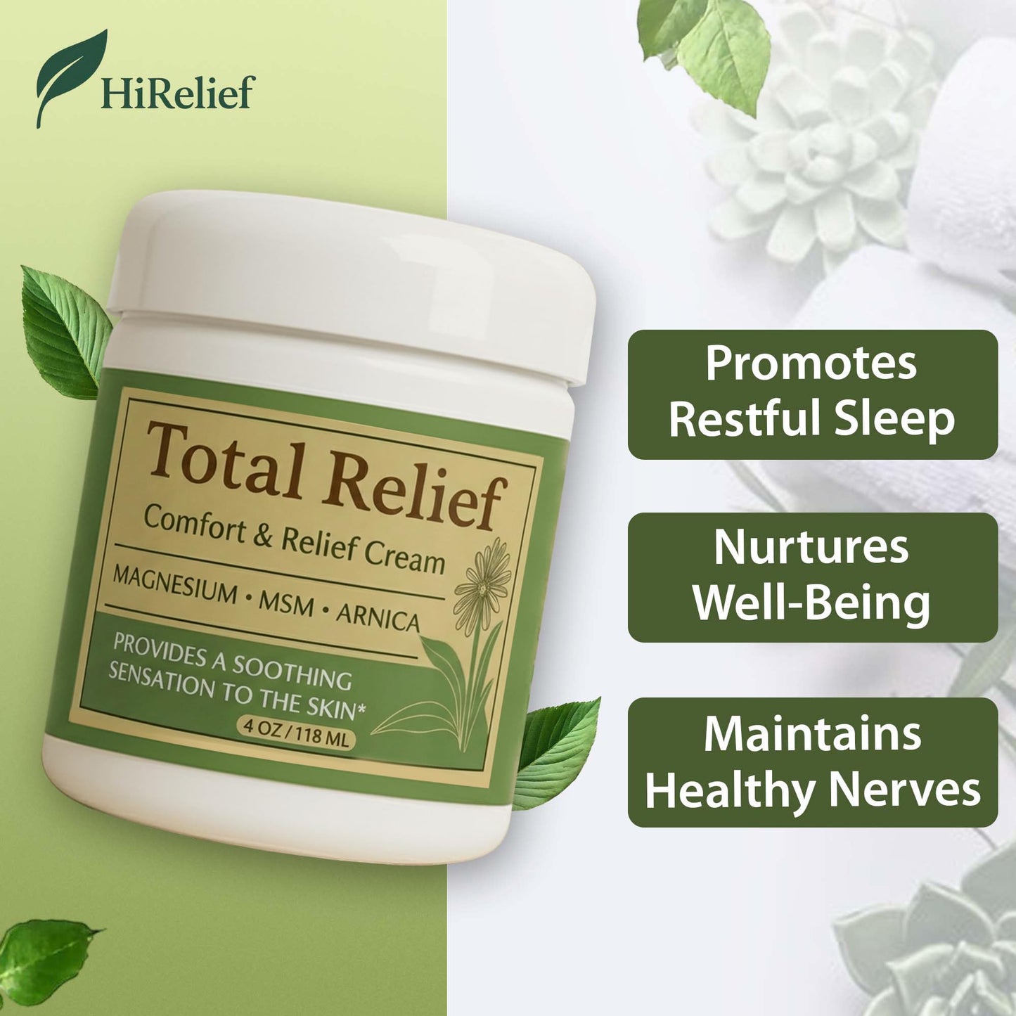 HiRelief Total Relief Magnesium Cream for Comfort – Fast-Absorbing MSM & Arnica Cream for Healthy, Comfortable Nerves and Daily Comfort – 4 Fl Oz (Pack of 3)