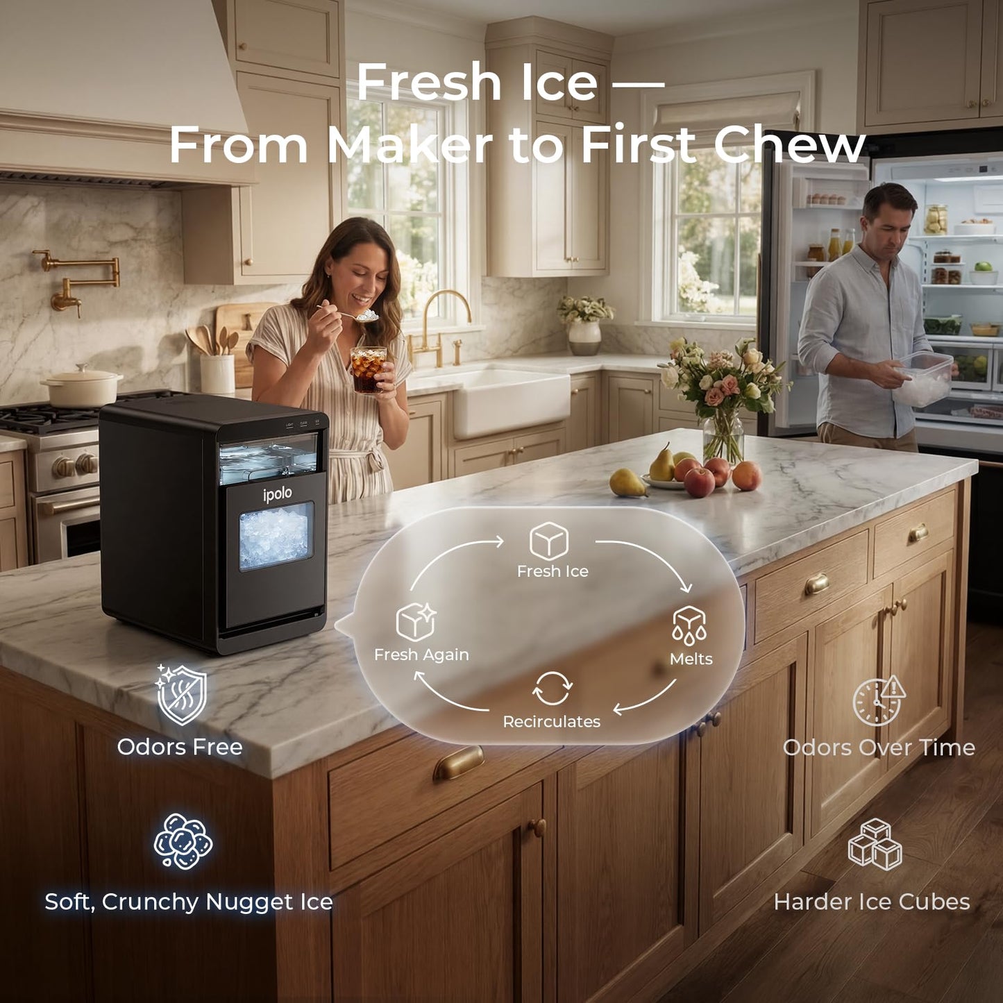 ipolo Nugget Ice Maker Countertop: 44lb/Day, Self-Cleaning, Black Stainless Steel, Portable, Soft Chewable Pebble Ice Machine for Home Kitchen, RV & Office