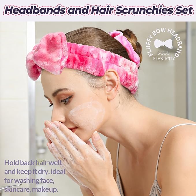LEOBRO Makeup Headband, Spa Headbands, Skincare Headbands for Women, Headband for Washing Face, with Hair Band, Hair Scrunchies, Gifts for Teens, Girls, Women (Rainbow/Hot Pink/Violet)