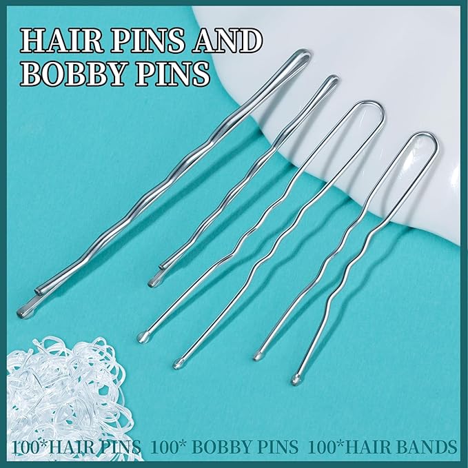 Teenitor 300pcs Silver Bobby Pins Hair Pins Kit, 100pcs Bobby Pins 100 Hair Pins for Women for Buns, 100pcs Hair Bands, 2" 2.36", Silver Bobb y Pins for Gray Hair 2" 2.75"