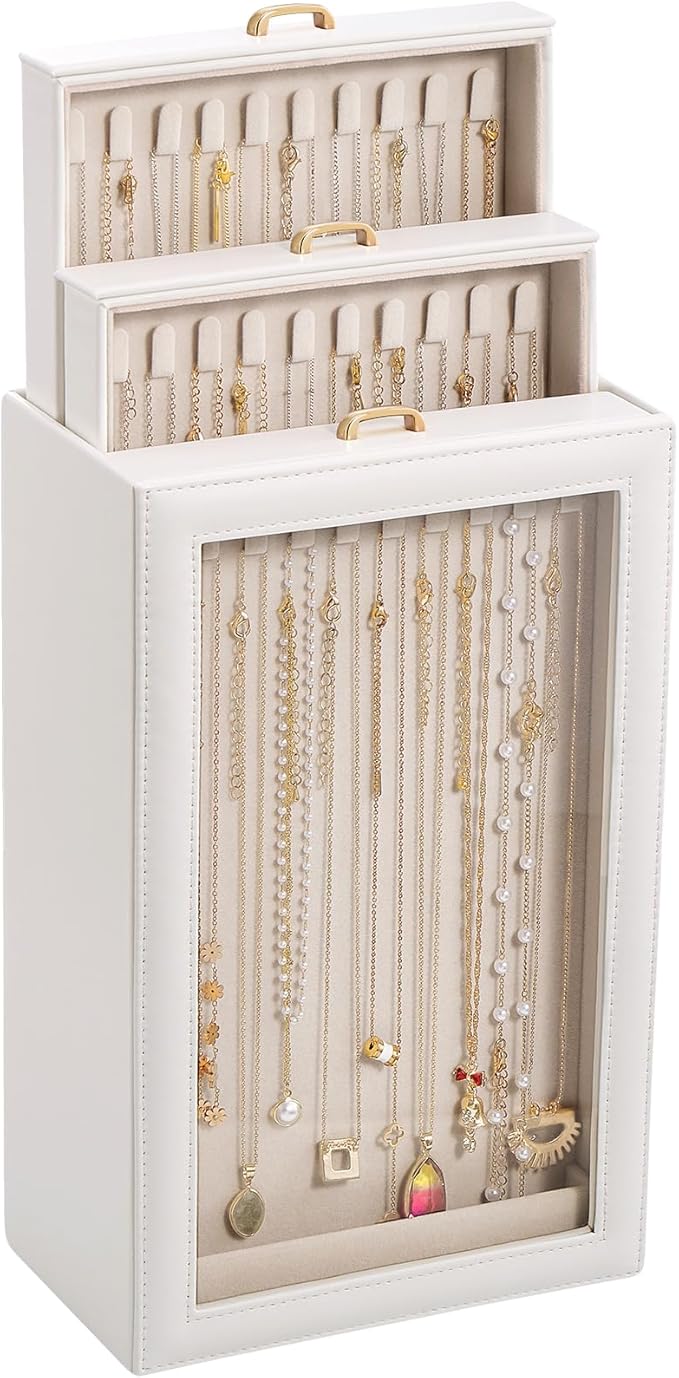 Lolalet Necklace Organizer Box, Jewelry Storage Box with Clear Window for Necklaces Bracelets, Tangle-Free Necklace Display Case for Women Girls -White, 3 Layers 30 Hooks