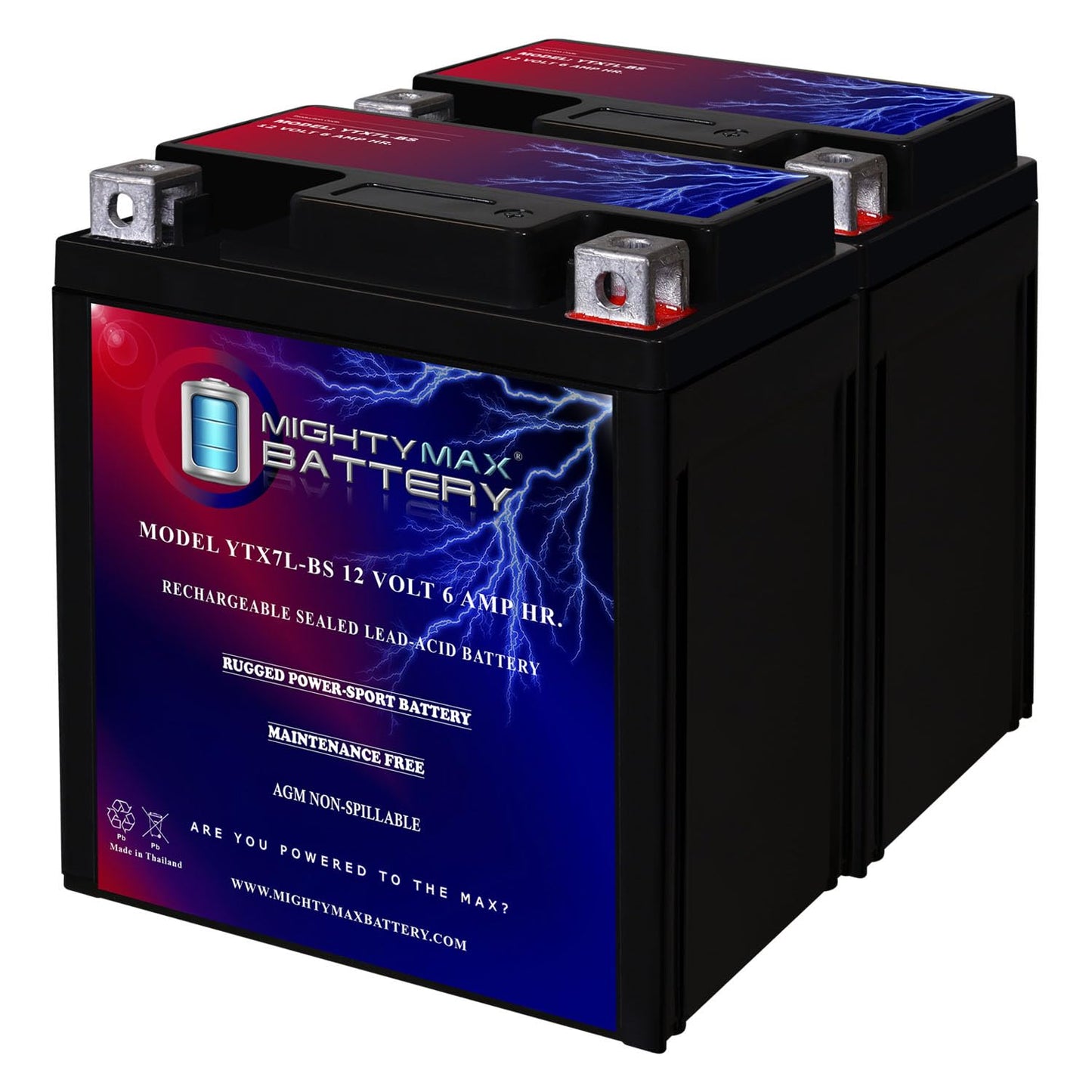 Mighty Max Battery YTX7L-BS 12V 6AH Sealed AGM Battery for Motorcycle - 2 Pack