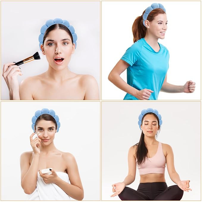 Spa Headbands for Washing Face, Makeup and Skincare. Set of 2 Skin Care Head bands with Wristbands. Puffy Terry Cloth, Non Slip Get Ready Hairband for Women, Teens, Girls. Cute Hair Accessories.