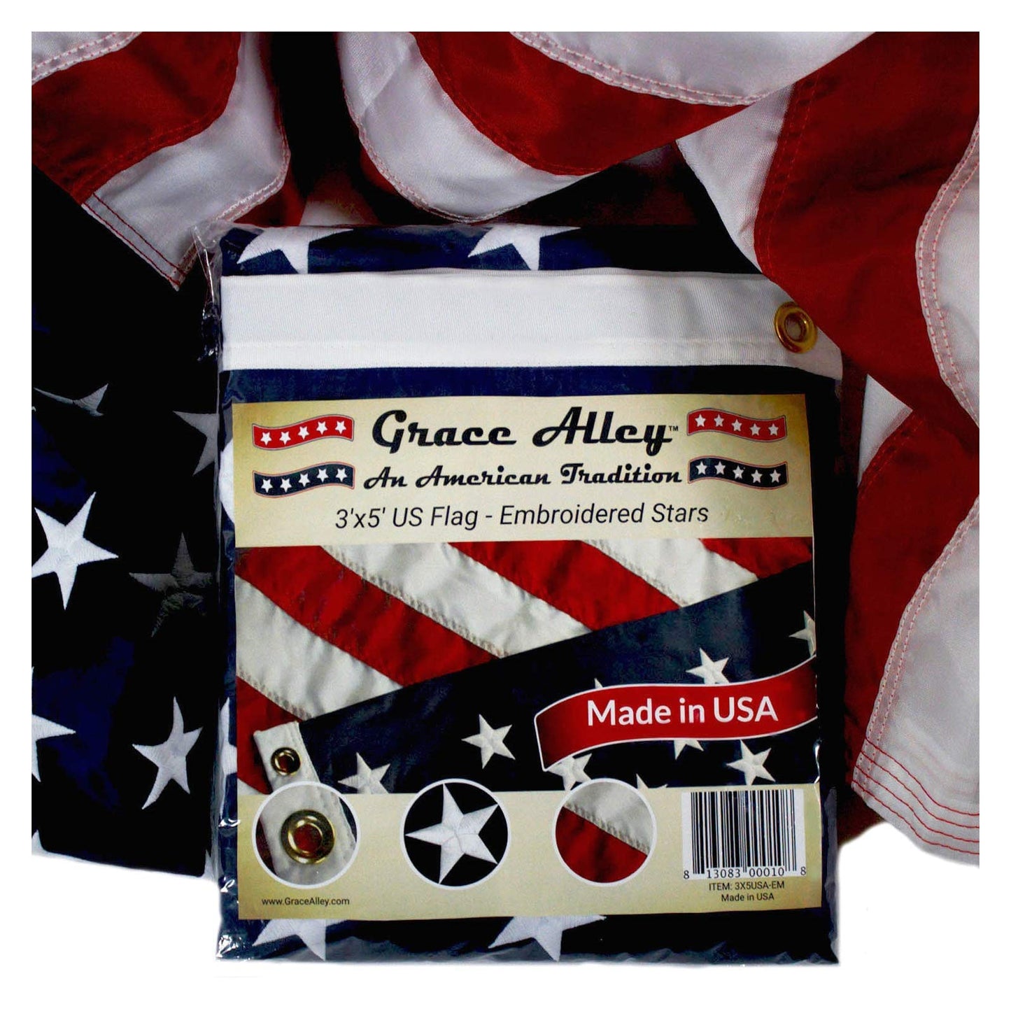 Grace Alley American Flag: 3x5 FT US Flag - 100% Made in USA. Embroidered Stars, Sewn Stripes and Brass Grommets. Fade Resistant, Heavy Duty, Long Lasting Nylon for Outdoor Durability.