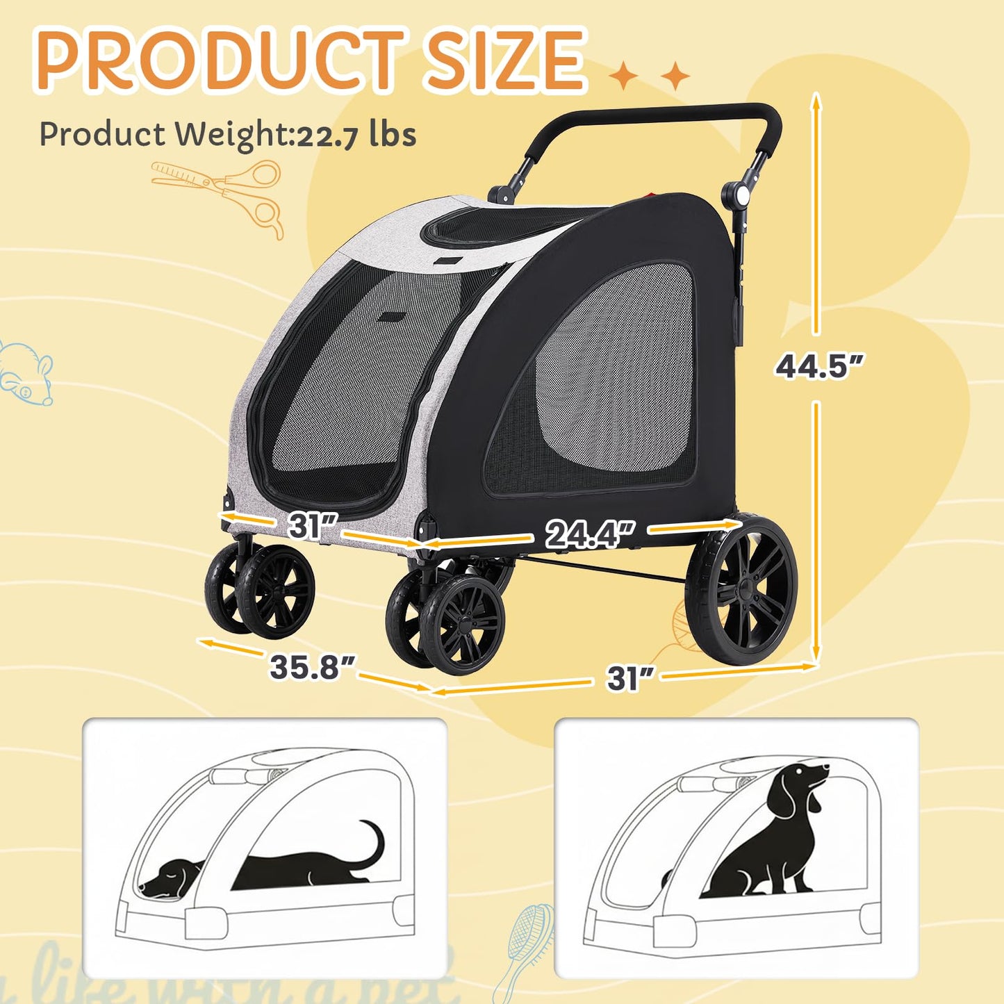 Danrelax Large Pet Stroller for Large & Medium Dogs, 77 lb Capacity, 12" All-Terrain Shock Absorbing Wheels, Waterproof 600D Grey Linen, Heavy-Duty Extra Large Pet Pram, Foldable Travel Stroller