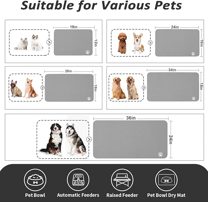 Dog Food Mat - Absorbent Cat Mat for Food and Water, No Stains Pet Feeding Bowl Mat, Easy to Clean Pet Placemats, Quick Dry Dog Water Dispenser Mat for Messy Drinkers | Paw Grey 18"x 34"