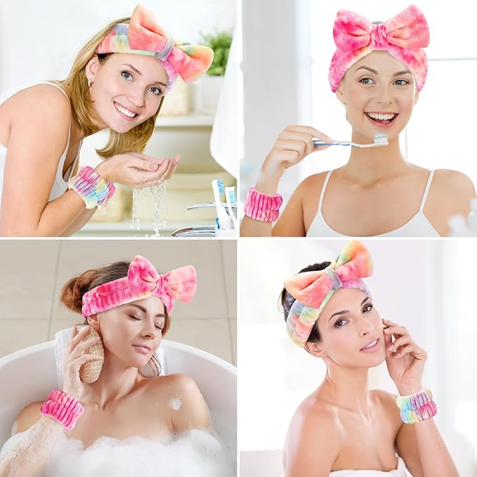 6PCS Spa Headband and Wristband Set for Face Washing, Soft Microfiber Skincare Hairband with Bow, Soft Absorbent Wrist Towels for Women Girls, For Makeup, Facial, Shower, Yoga
