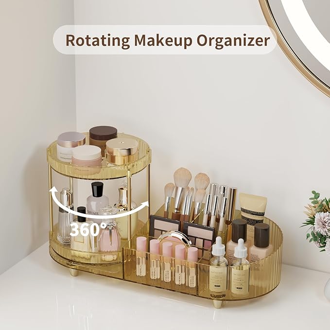 Rotating Makeup Organizer for Vanity, 2 Perfume Trays with 5 Compartments Cosmetic & Skincare Storage, Space Saving Beauty Organizers, Multi-Purpose Countertop Organizers for Bathroom, Desktop, Pantry