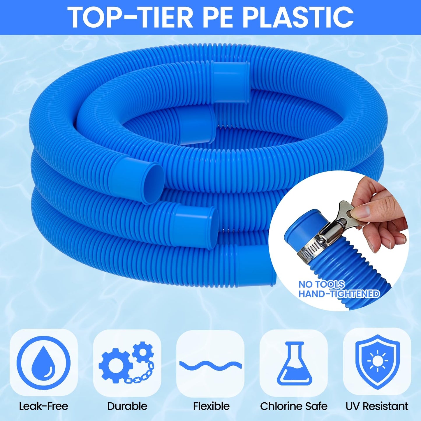 Poolvio 1.5" x 59" Above Ground Pool Hoses, 3-Pack, Blue- Heavy Duty UV Resistant Leak-Proof Replacement Hoses with 6 Metal Thumb Clamps, Perfectly Fits Intex Filter Pumps & Pool Surface Skimmers