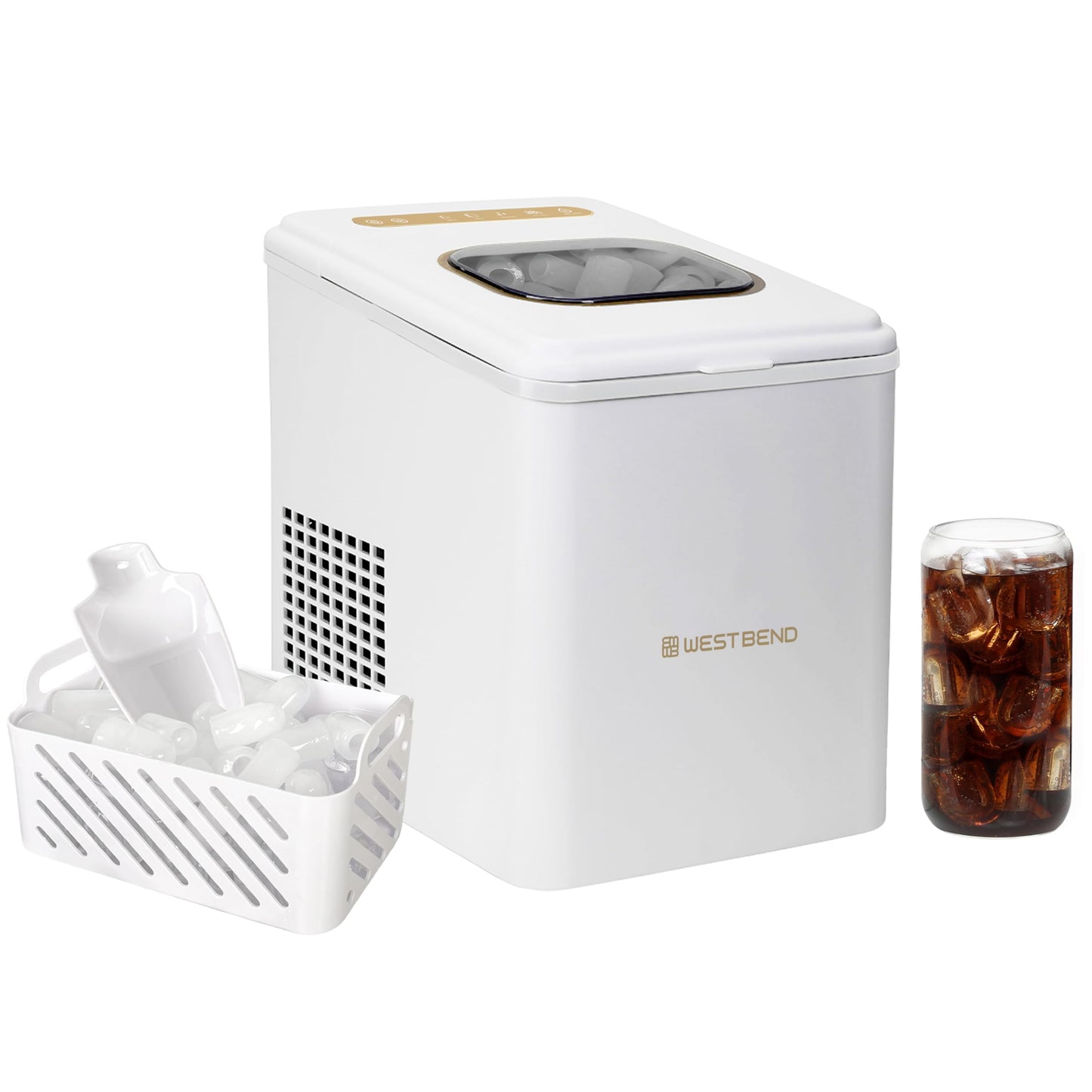 West Bend Timeless Ice Maker Mighty Ice Countertop Design Makes 26 Pounds of Bullet-Shaped Ice Cubes in 24 Hours, Digital Touch Controls and Self Cleaning Function, Includes Scoop, White/Gold