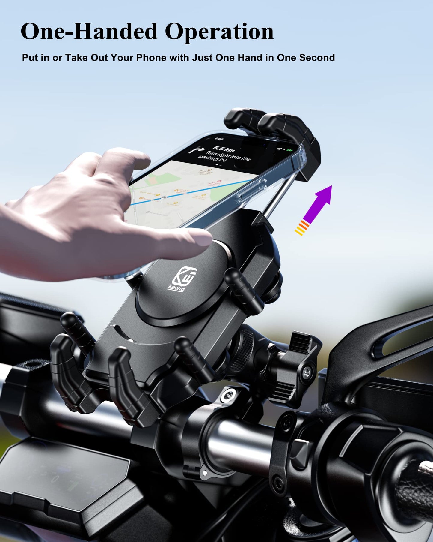BRCOVAN Anti-Theft Motorcycle Phone Mount Holder with Vibration Dampener & High-Speed Secure Lock, Adjustable Size Handlebar Cellphone Cradle for Bike Bicycle Scooter ATV, Fit 5.4-7.2'' Smartphone