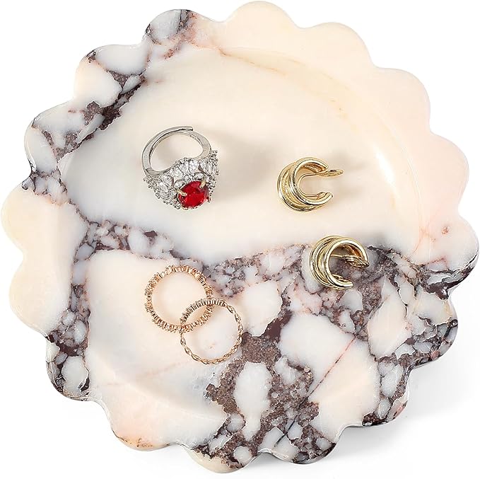 Koville 5.51" Scalloped Calacatta Viola Marble Tray, Round Stone Jewelry Trinket Dish for Ring, Natural Small Marble Tray for Bathroom Kitchen Dresser Countertop, Decorative Candle Tray