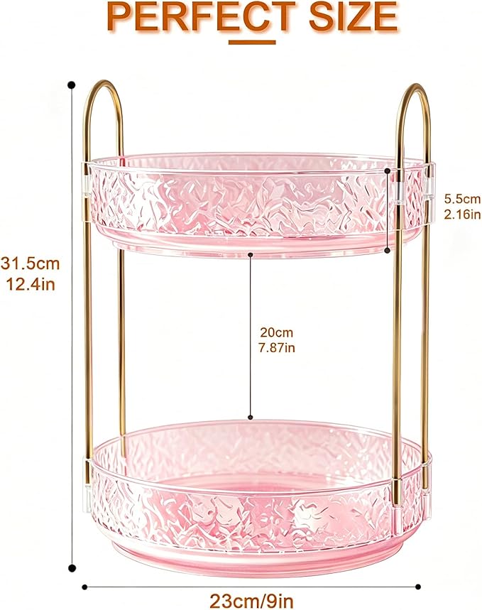 Fangoo 2 Tiers Pink Rotating Makeup Organizer for Vanity, 360 Spinning Skincare Organizers for Dresser Perfume Organizer Large Skincare Make up Storage Cosmetic Organizer for Bathroom Countertop