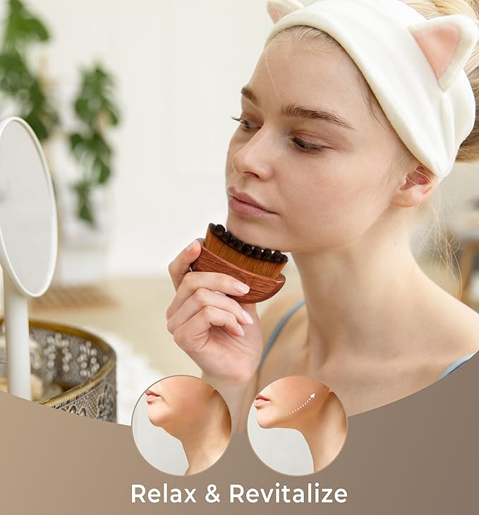 Lymphatic Contour Face Brush - Wooden Handle Face Brush for Lymphatic Drainage - Facial Sculpting Dry Guasha Brush - Face Lymphatic Drainage Brush - Face Contour Depuff Lift Brushes Sapele