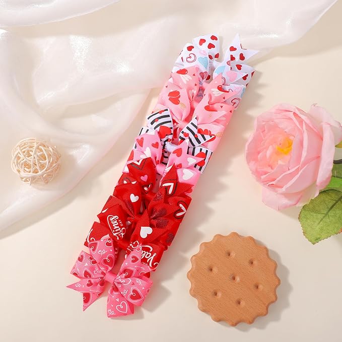 choicbaby 20pcs Valentines Hair Bows Toddler Girls Hair Clips 3＂Grosgrain Ribbon Baby Bow Clips Valentines Love Heart Pattern Bows with Alligator Clips Hair Accessories for Toddler Girls Baby Kids
