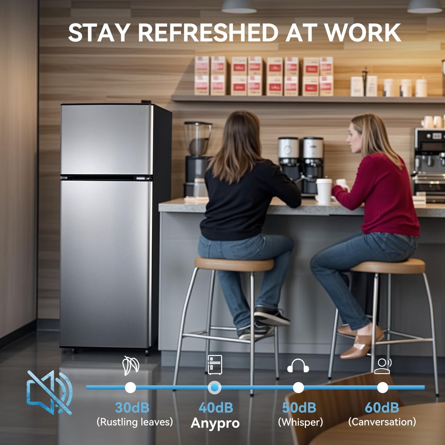 Anypro 4.0 Cu.Ft Fridge with Freezer, Double Door Refrigerator with 6 Level Thermostat, Silver