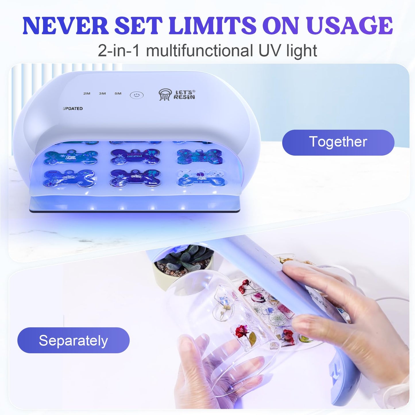 LET'S RESIN UV Light,Two-Sided Longer time Setting(2m,3m,5m) Resin Light with 36 LED Beads, Large Size UV Lamp for Resin Curing, Molds,DIY Craft Decor(Own Design Patent)