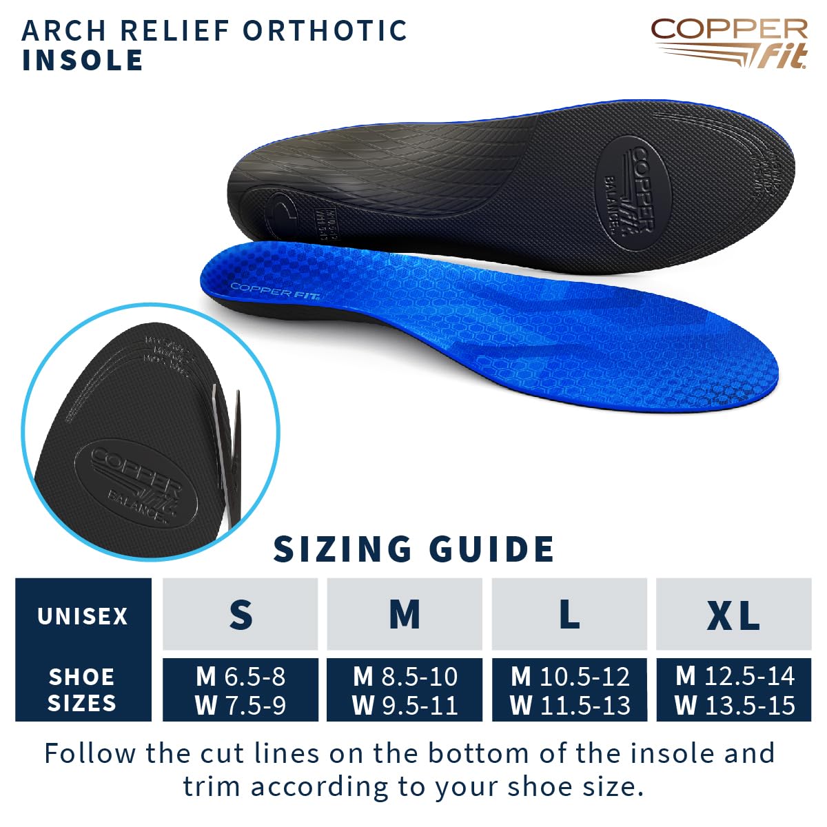 Copper Fit Arch Relief Orthotics – Plantar Fasciitis, Flat Feet – Adaptive, Comfortable Arch Support – Low to High Arches – Absorb Shock – Insoles for Men and Women (Large)
