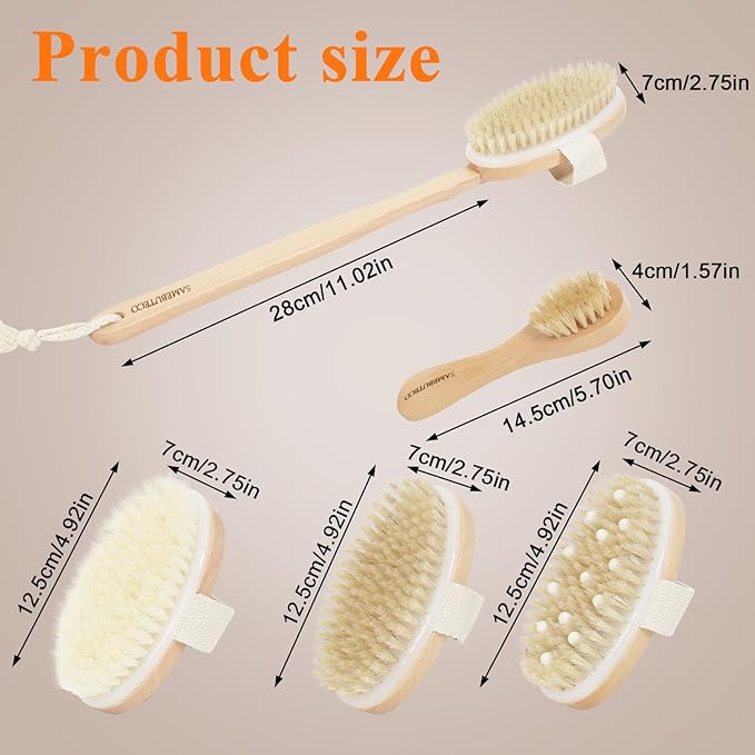 Dry Brushing Body Brush Set with Long Handle, Natural Boar Bristle Body & Face Brush, Wooden Detachable Scrub Brush, 3 Brush Heads for Exfoliating & Body Care