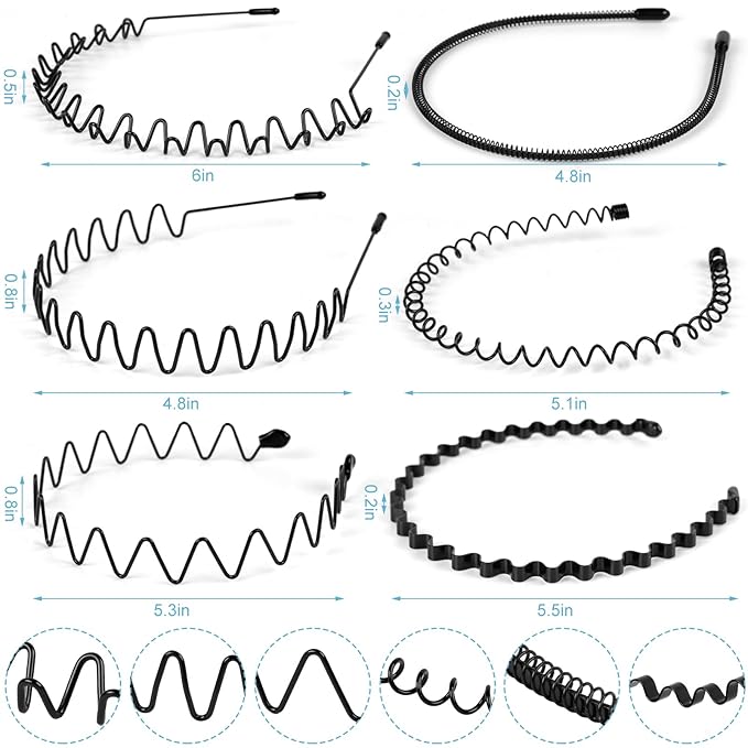 6PCS Metal Hair Bands, Spring Wavy Hoop Unisex Black Headband Slicked Back Non Slip Sports Hairband for Women Men…