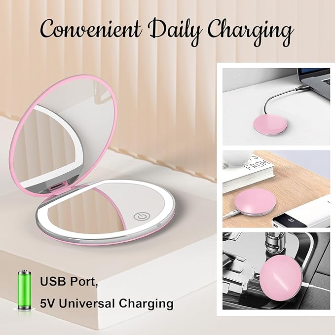 Kakuje Compact Mirror with Light, 1X/3X Magnification LED Pocket Mirror with USB Data Cable,Mini Mirror for Purse, Pocket,Travel and Present (Pink)