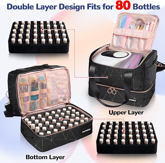 Nail Polish Organizer Holds 80 Bottles (15ml/0.5 fl.oz)& Nail Lamp, PU Leather Nail Organizers and Storage Bag with Shoulder Strap, Portable Nail Supplies Kit Organizer Carrying Case (Black)