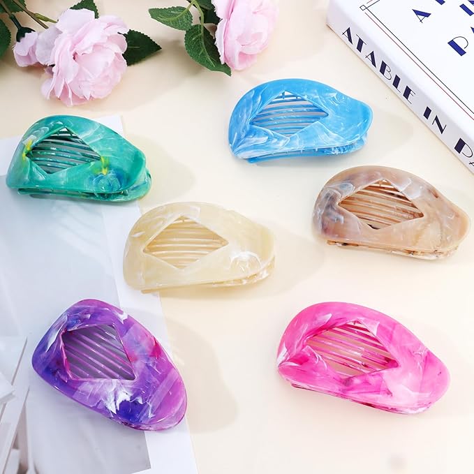 Marble Flat Round Hair Clips Duckbill Large Claw Clips for Thick Medium Thin Hair 6Pcs Non Slip Oval French Barrettes Accessories for Women Girls