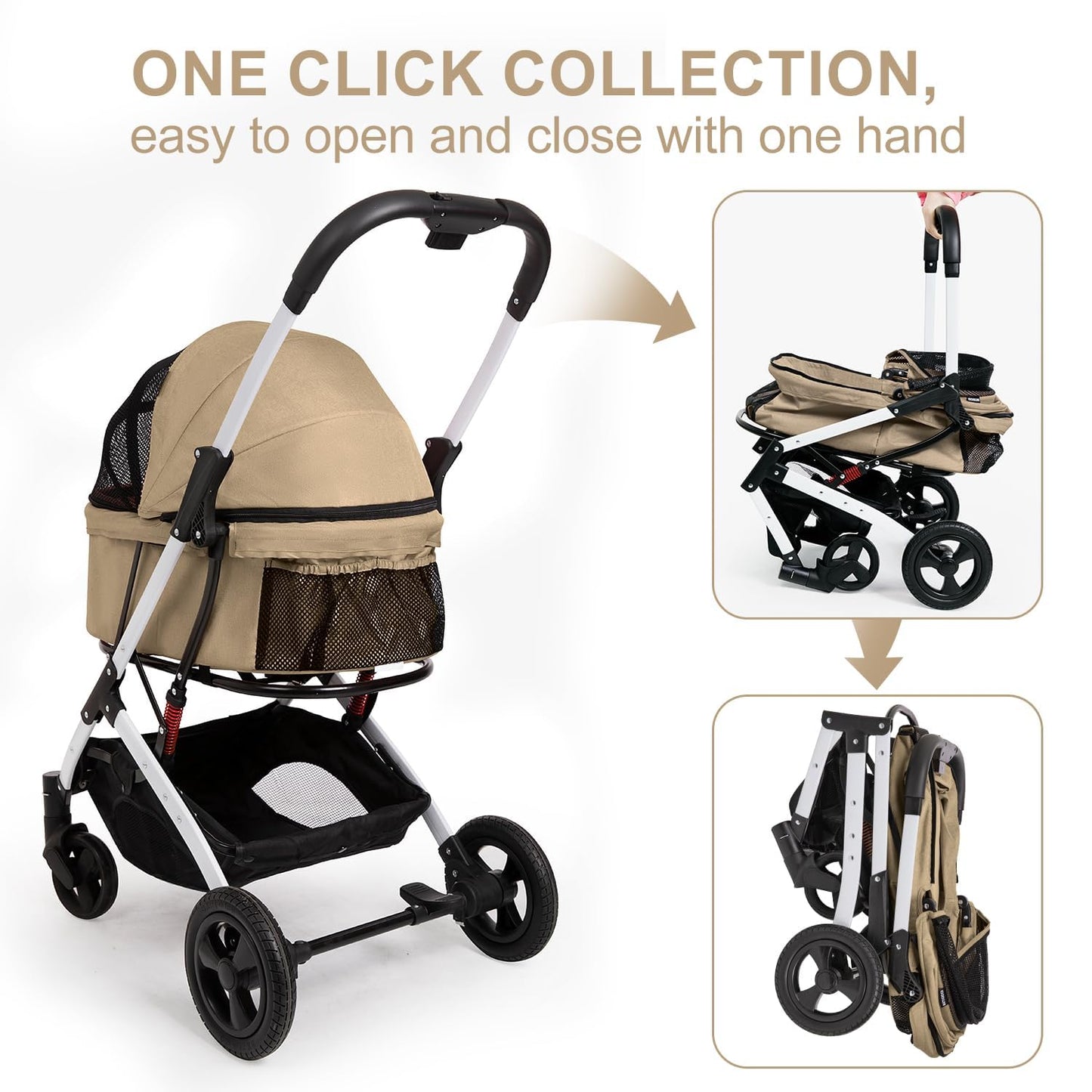 BETSOCCI Pet Stroller for Medium Small Dog & Cat, Foldable Lightweight Dog Stroller with Storage Basket Pet Travel Carriage with Safety Leashes, 4 Wheel, Khaki