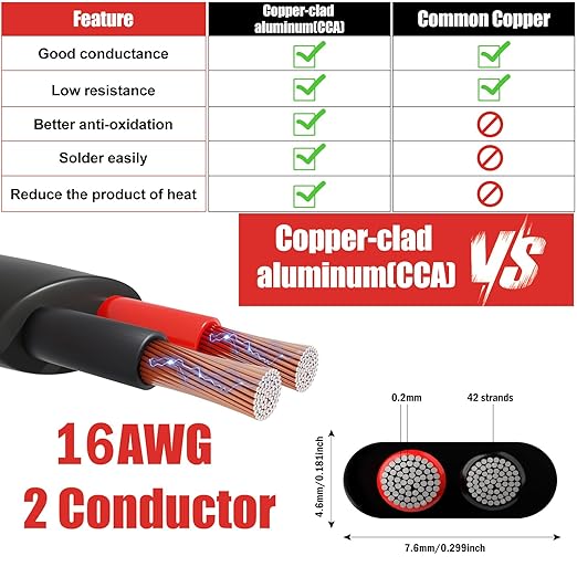 16 Gauge Wire 2 Conductor Electrical Wire, 16 AWG 1.309mm² Wire PVC Cord,12V/24V DC Low Voltage/Copper-clad Aluminum(CCA) 2 Wire for Automotive Wire LED Strips Lamp Lighting Marine(30.5M/100FT)
