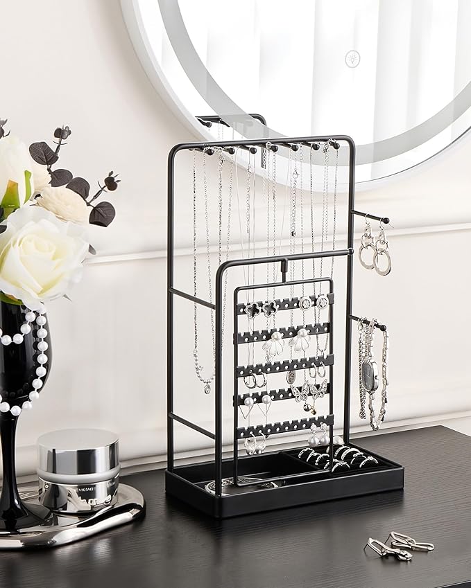 ProCase Jewelry Stand Holder Organizer, Jewelry Display Storage with Ring Tray, No-Assembly, Rotating Earring Bracelet Necklace Holder,Valentine's Gifts Room Dorm Decor for Teen Girls -Black