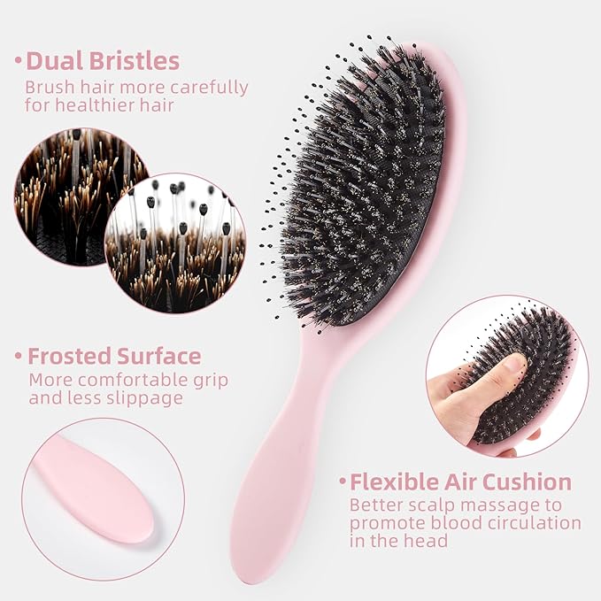 Boar Bristles Hair Brush for Women and Men, Detangling Hair Brush for Smoothing Massage Add Shine, Nylon&Boar Bristles Detangler brush for Hair Healthy (1 Pack-Pink)