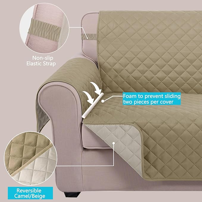 U-NICE HOME Loveseat Sofa Cover Reversible Couch Cover for Dogs with Elastic Straps Water Resistant Furniture Protector for Pets Couch Cover for 2 Cushion Couch (Loveseat, Light Camel/Beige)