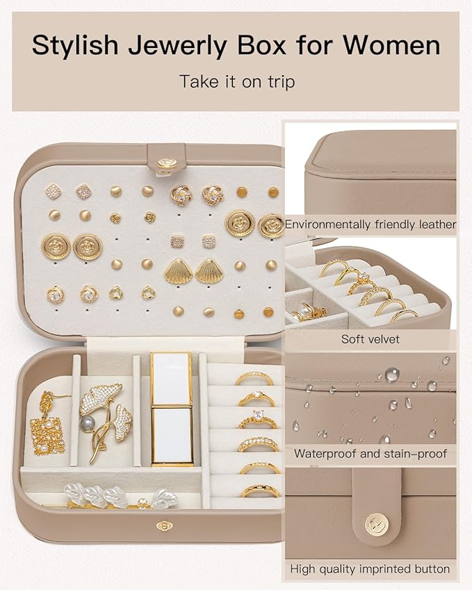 VLANDO Travel Jewelry Case for Women Girls Mothers, PU Leather Small Jewelry Box for Rings, Necklaces, Bracelets, Earring Holder Organizer Storage for Travel Accessories, Valentines Gift - Toffee