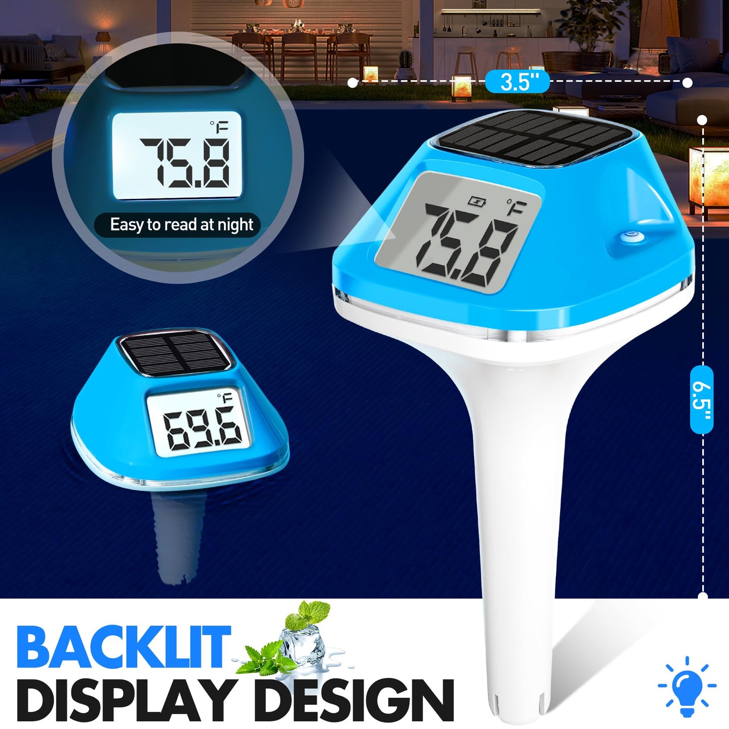 DeeprBlu 2026 New Iteration Solar Digital Pool Thermometer with Rope, Easy Read Extra Large Backilt LCD Display Floating Pool Thermometer, IP68 Waterproof Pools Water Temperature Gauge for Hot tub,Spa