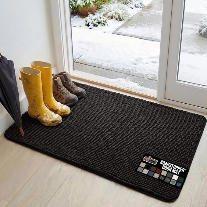 GORILLA GRIP SoakSTOPPER Dog Door Mat, 48x30 Machine Washable Rug Absorbent Doormat Captures Moisture Mud Dirt, Quick Dry Soft Chenille Entryway Rugs Indoor Entrance Mats for Dog Paws, Black