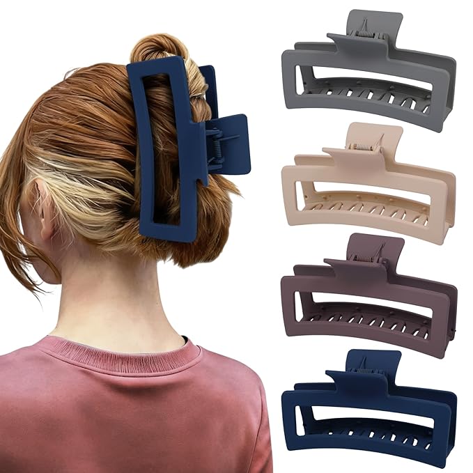 5 Inch XL Jumbo Claw Clips for Thick and Long Hair, 4-Pack Oversized Matte Rectangle Hair Clips for Women, Strong Hold Non-Slip Jaw Clips, Dark Shades