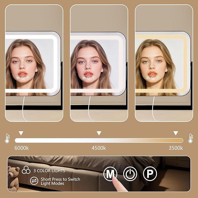 Black Vanity Mirror with Lights 14"×12", Led Makeup Mirror, Lighted Makeup Mirror with 3 Color Dimmable Lights, Smart Touch Screen Control, 360°Rotation