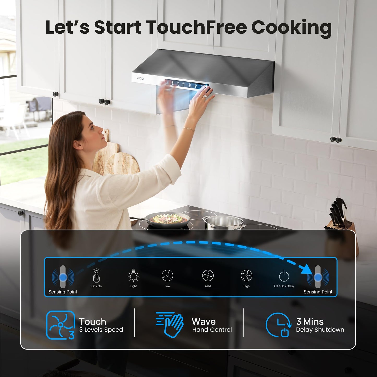 VIKIO HOME 30 Inch Under Cabinet Range Hood 900 CFM, Dual Motor Powerful Kitchen Vent Hood, Gesture & Touch Control, Ultra Quiet DC Motor, Dishwasher-Safe Filters, LED Lights, Stainless Steel