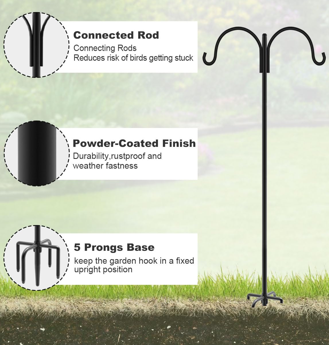 Artibear Double Shepherd Hooks for Outdoor, 76" Heavy Duty Bird Feeder Hangers Garden Hooks with 5-Prong Base, Outside Hanging Pole for Plant Baskets, Solar Light Lanterns, Wind Chimes, 2 Pack