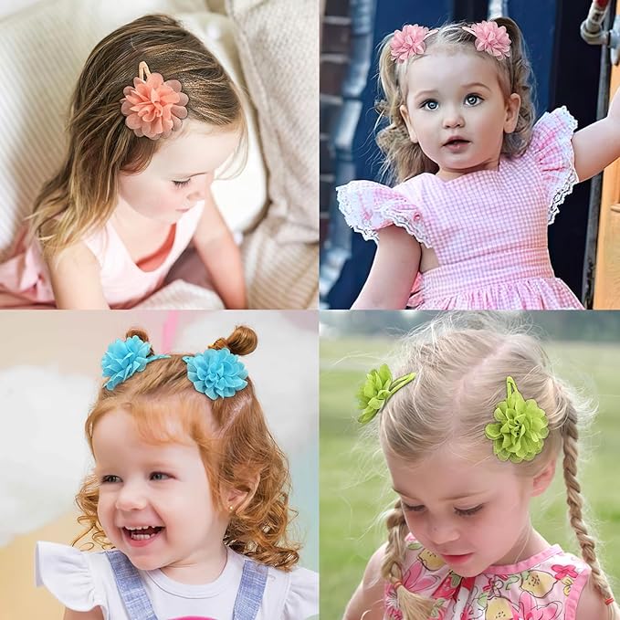 DeD 24PCS 2.7" Chiffon Flower Hair Bows Clips Flower Tiny Hair Clips Fine Hair for Girls Infants Toddlers Set of 12 Pairs