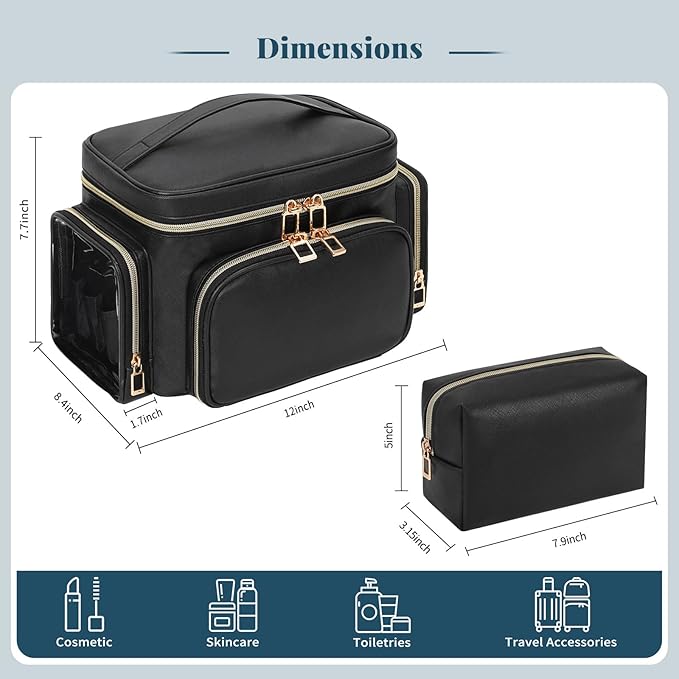 Makeup Bag Set, Portable Travel Makeup Bag Organizer for Women Cute Cosmetic Pouch Large Capacity with Makeup Brush Compartment, Cosmetic Travel Bag with Divider and Handle Toiletry Bag - Black