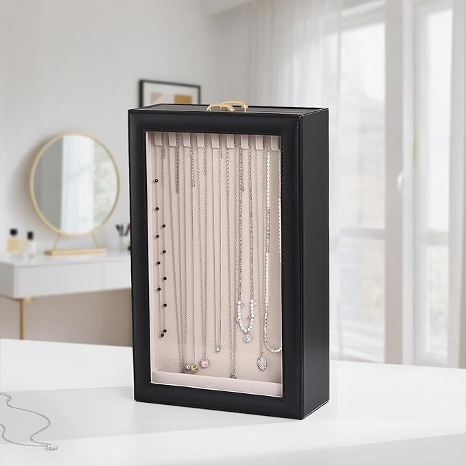 Lolalet Necklace Organizer Box, Jewelry Storage Box with Clear Window for Necklaces Bracelets, Tangle-Free Necklace Display Case for Women Girls -Black, 2 Layers 20 Hooks