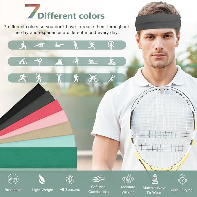 DiyJibb Headbands for Women, Stretchy Non Slip Soft Cotton Cloth Hair Bands for Sports, Workout, Yoga and Running, 7pcs