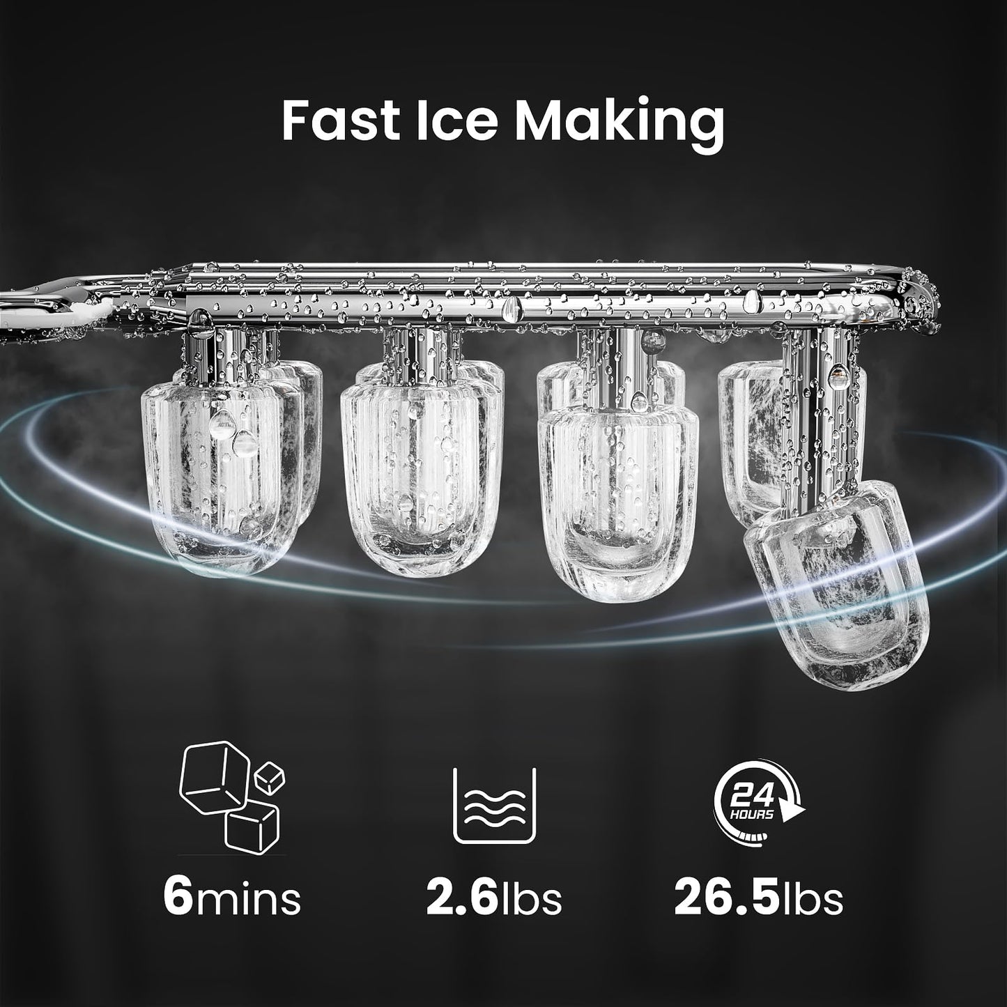 Countertop Ice Maker Machine – 8 Bullet Ice in 6 Mins, 26.5lbs/24Hrs Output – Self-Cleaning Portable Design with Selectable Ice Size & Touch Display for Home/Office/Bar